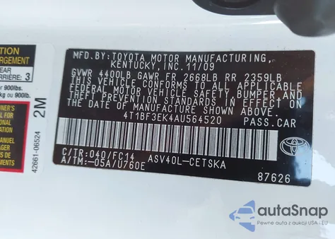 2010 Toyota Camry Se из США, поврежденный, VIN 4T1BF3EK4AU564520